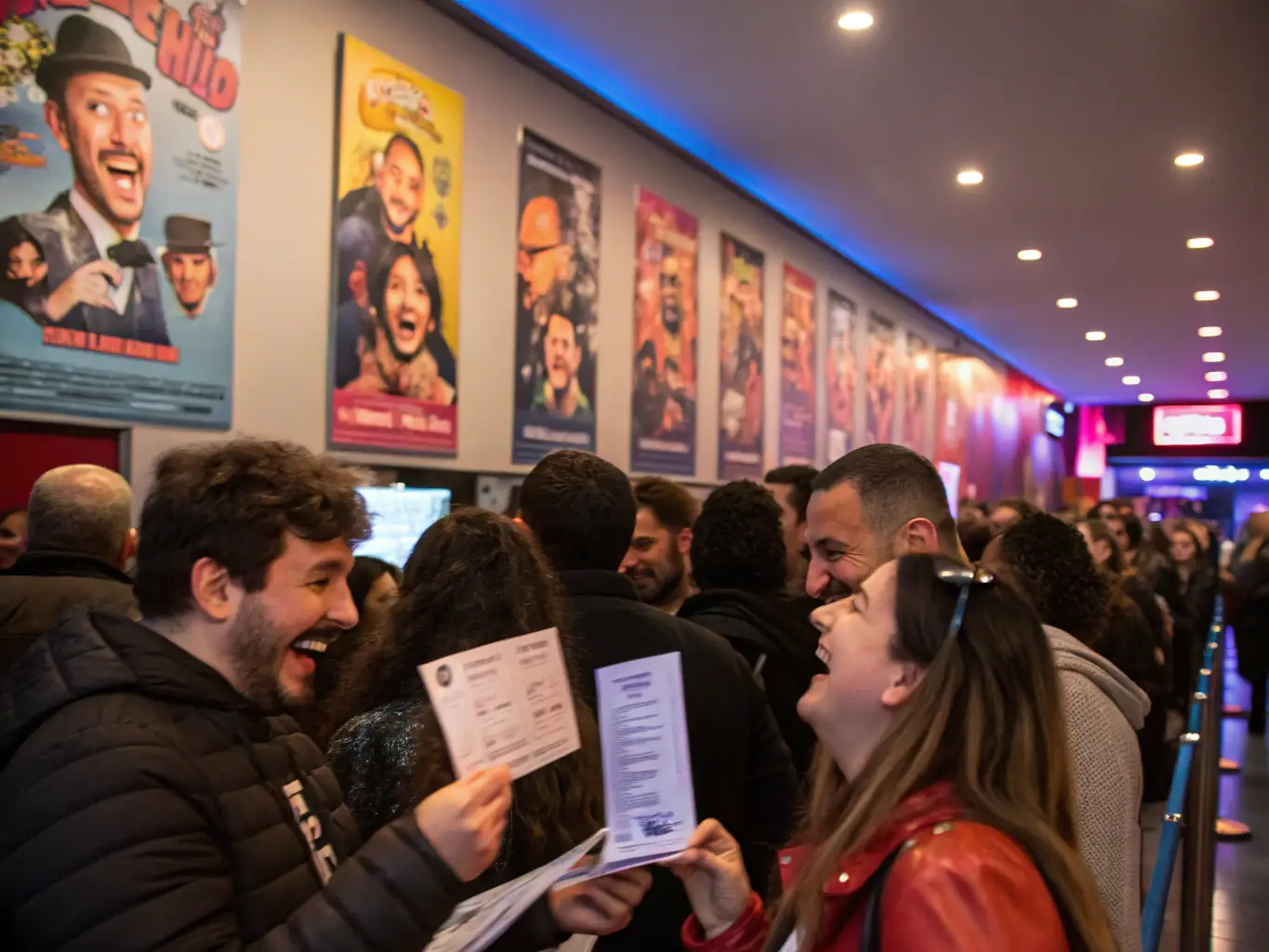 A lively image of people buying tickets at a comedy tour event, showcasing the excitement and support generated through ticket sales.