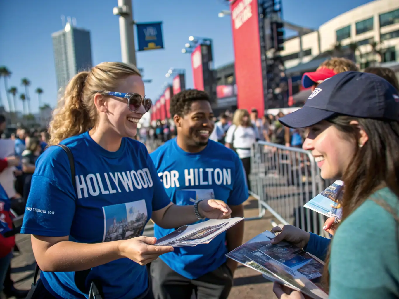 A group of volunteers wearing campaign t-shirts, enthusiastically working at a campaign event, representing the power of community involvement.