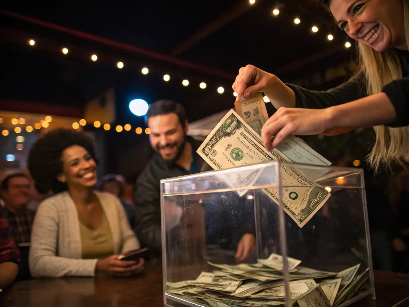 A close-up shot of a donation box at a comedy show, with people dropping in cash and smiling, symbolizing direct financial support for the campaign.