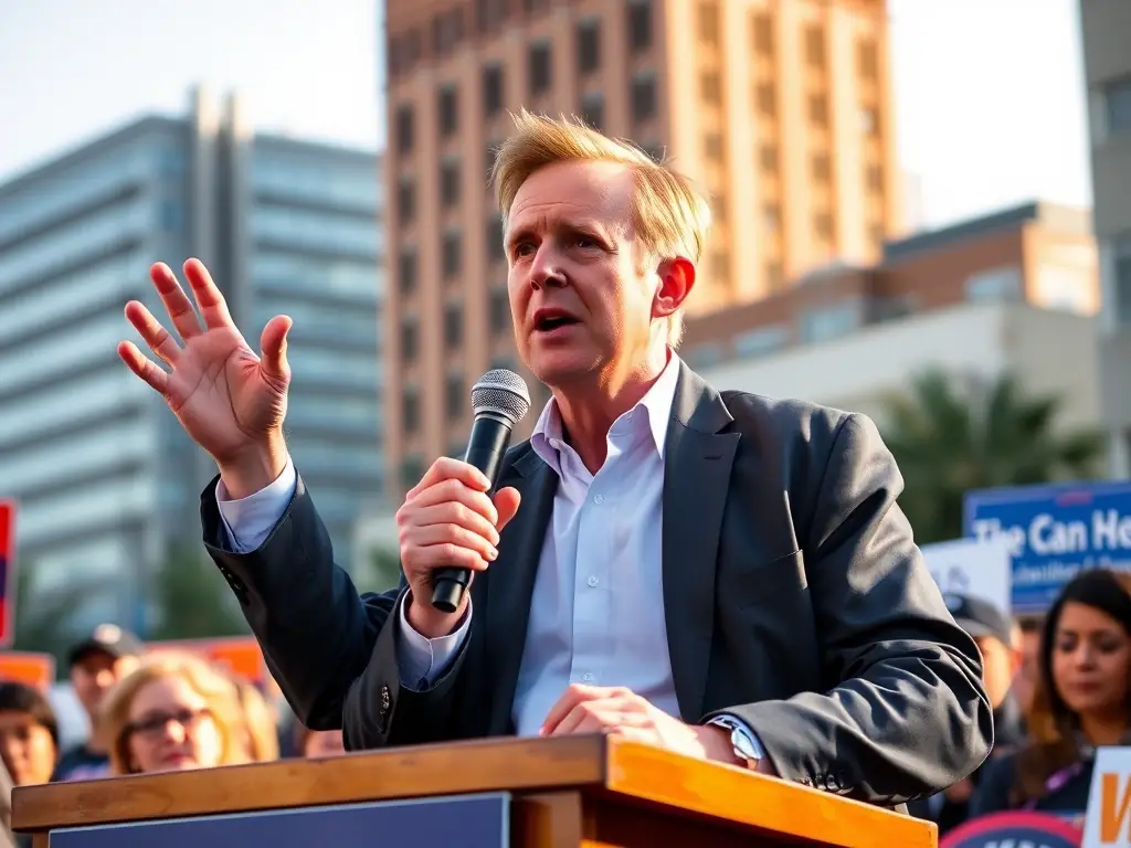 A photograph of Steve Hilton speaking at a rally in Los Angeles, California, discussing his plans for education reform. The image should convey a sense of hope and determination.