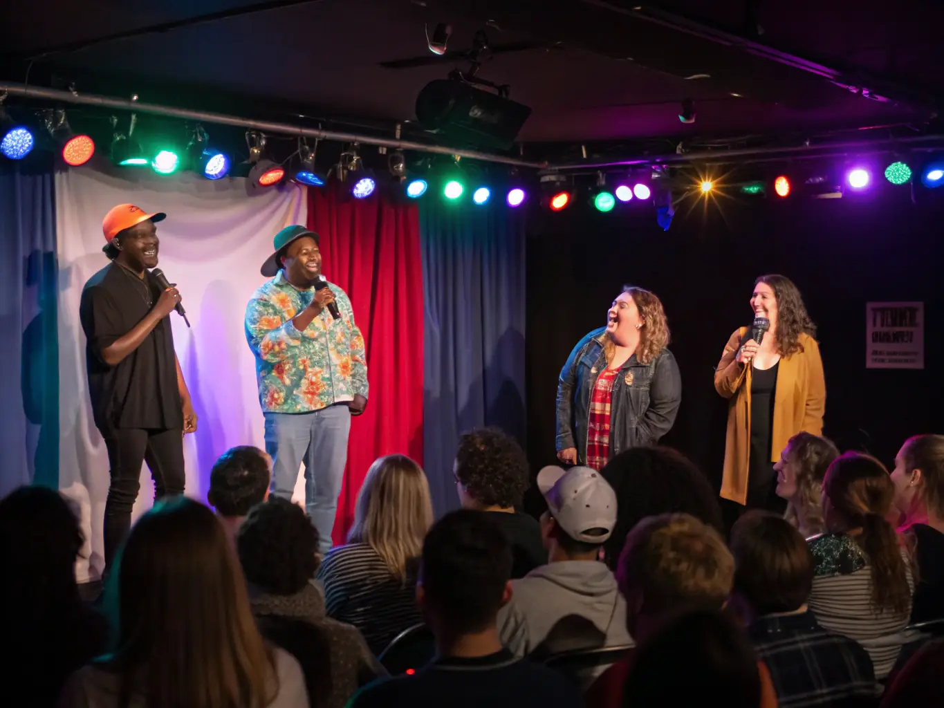 A vibrant image of a comedy event in San Diego, showcasing a mix of celebrity comedians and local talents, with the audience fully engaged and enjoying the show.