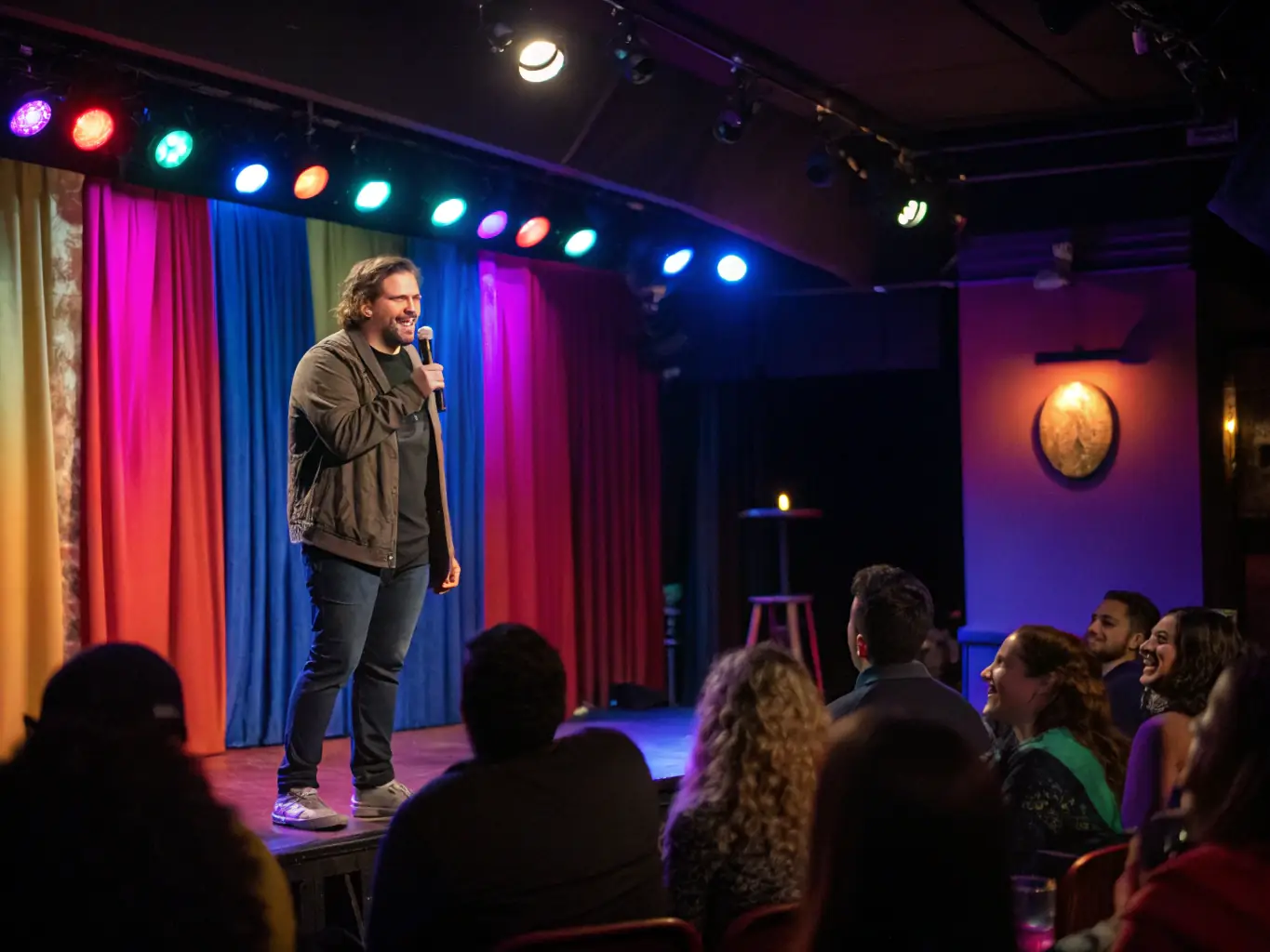 A lively image capturing a stand-up comedian mid-performance on stage, bathed in bright stage lights, with an enthusiastic audience visible in the background, all set in a modern comedy club.