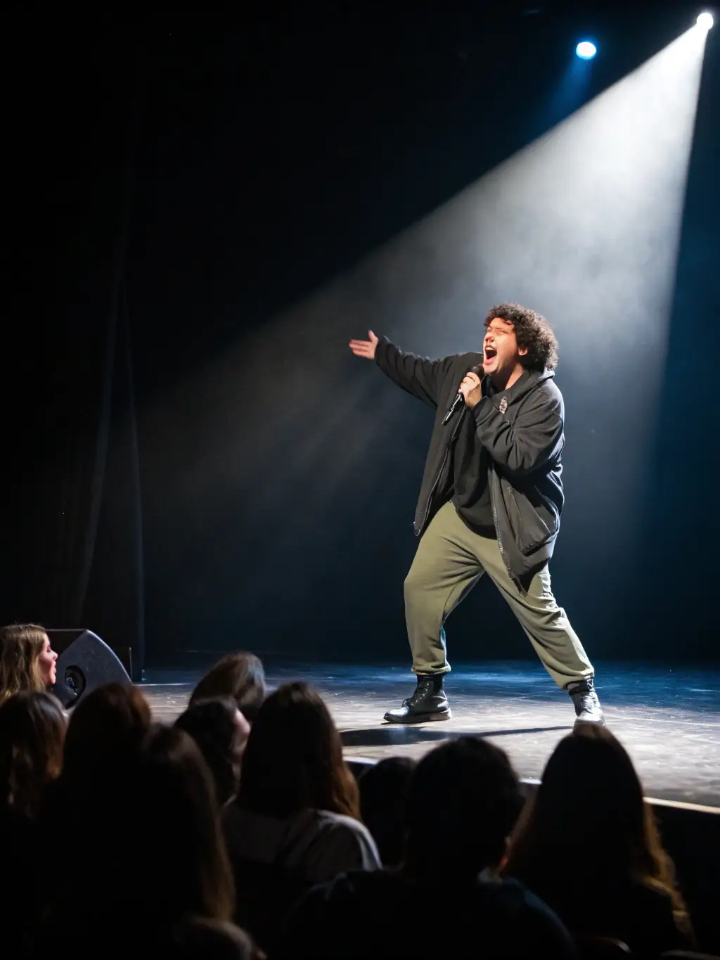 A dynamic image of a stand-up comedian mid-performance, bathed in stage lights, with a captivated audience visible in the background.