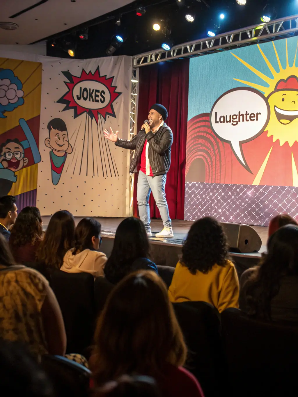 A high-energy photo of a famous comedian performing on stage, microphone in hand, with a brightly lit backdrop and a cheering audience.
