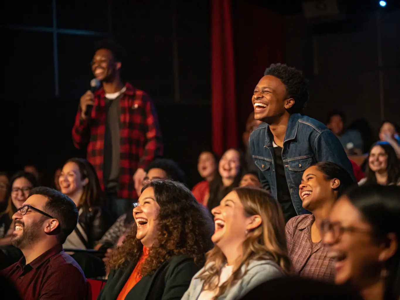 A dynamic shot of a comedy show in San Francisco, featuring a diverse audience laughing and enjoying the performance, with the iconic Golden Gate Bridge subtly visible in the background.