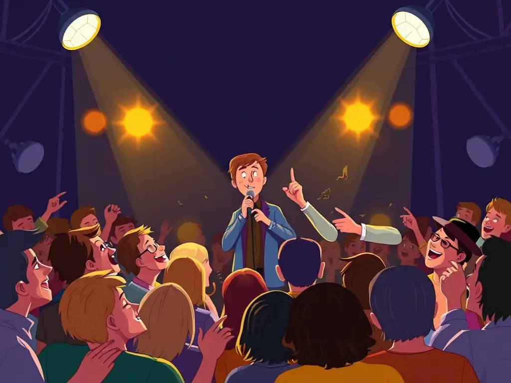 A vibrant, energetic photo of a comedy show stage with a comedian performing under bright lights, capturing the excitement of a live event. The image should convey a sense of fun and anticipation.