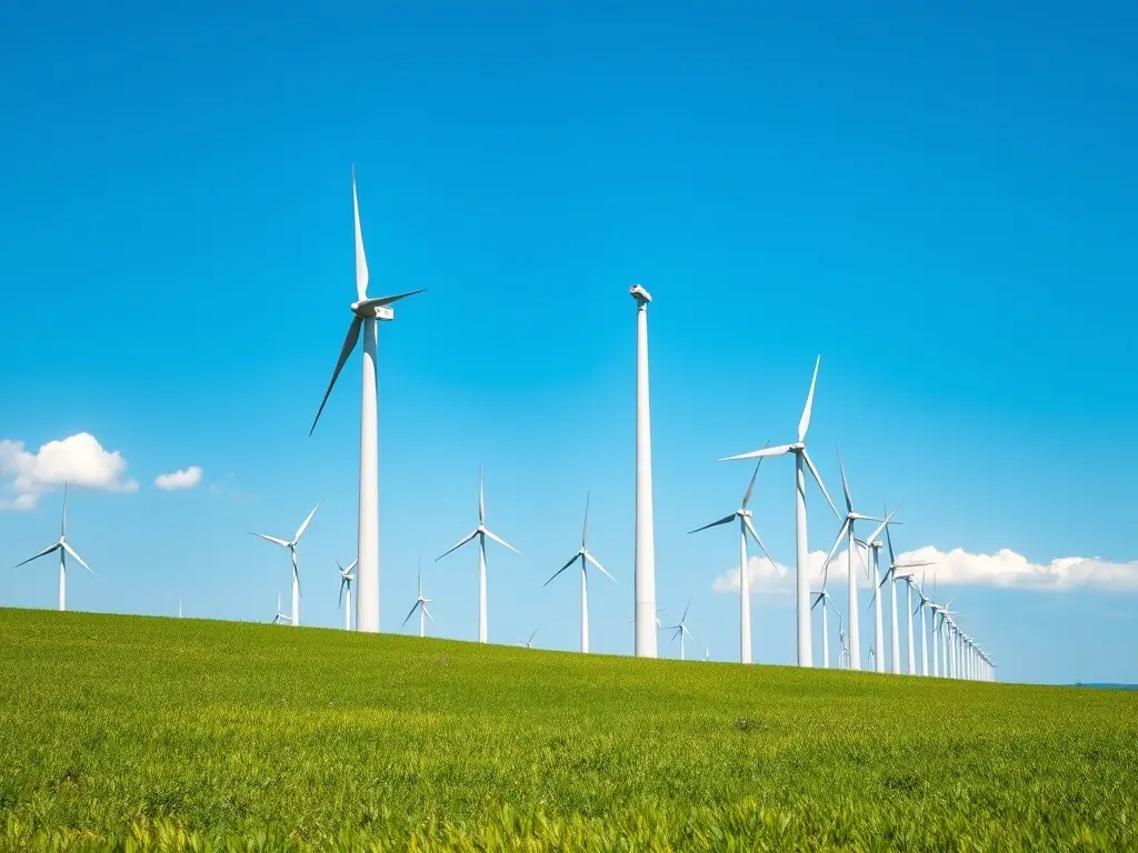 A photograph of a wind farm in California, set against a clear blue sky, symbolizing renewable energy and environmental sustainability. The image should be vibrant and inspiring.